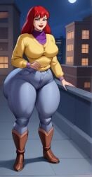 1990s_(style) 1girls ai_generated big_ass blue_eyes boots brown_boots city female jeans lipstick lustylewdz marvel mary_jane_watson moon night pawg phat_ass red_hair retro_artstyle smiling spider-man_(series) standing sweater thick thick_thighs