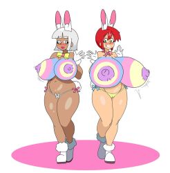 2girls bodypaint character_request easter huge_breasts hyper hyper_breasts katherine_(klutzykatherine) klutzykatherine multiple_girls tagme