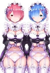 2girls ai_generated blue_eyes blue_hair blush breasts cleavage closed_mouth detached_sleeves dress dress_lift female female_only frills garter_belt hair_ornament hair_over_one_eye hair_ribbon large_breasts looking_at_viewer maid maid_headdress medium_breasts multiple_girls navel panties pink_hair pink_ribbon ram_(re:zero) re:zero_kara_hajimeru_isekai_seikatsu red_eyes rem_(re:zero) ribbon roswaal_mansion_maid_uniform short_hair siblings simple_background sisters sitting skirt_lift smile thighhighs twins underwear white_background white_legwear white_panties x_hair_ornament