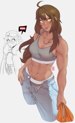 1girls abs athletic athletic_female blush bridget brown_hair bush female fit_female freckles guilty_gear hexprinxess human interracial jeans lesbian_flag lesbian_pride_colors long_hair may_(guilty_gear) medium_breasts muscular muscular_female navel_piercing necklace orange_eyes panties pierced_tongue pubic_hair pubic_hair_peek race_swap sports_bra stripped trans trans_woman transgender unbuttoned_pants