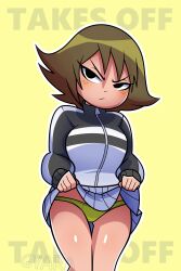 1girls black_eyes clothed female freckles green_hair gyaradosageiii kim_pine panties scott_pilgrim short_hair skirt_lift solo solo_female