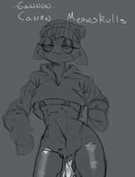 1futa anthro beanie calico_cat clothed clothing fortnite furry futanari meow_skulls_(fortnite) milktooth monochrome no_color no_underwear partially_clothed solo text