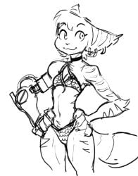 chainmail_bikini edit female guoh hand_on_hip lombax mechanical_arm ratchet_and_clank ratchet_and_clank:_rift_apart rivet_(ratchet_and_clank) small_breasts