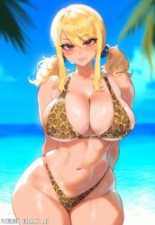 ai_generated bikini blonde_hair brown_eyes cavewoman creamy_ai curvy fairy_tail huge_breasts leopard_print leopard_print_bikini lucy_heartfilia patreon_username thiccwithaq_(ai_style) thick_thighs wide_hips