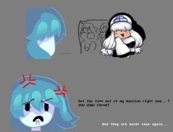 2girl angry angry_face blue_hair blue_skin dialogue disappointed eyebrows eyebrows_visible_through_hair ghost ghost_girl laughing mad no_sex spooky&#039;s_house_of_jump_scares spooky&#039;s_jump_scare_mansion spooky_(shojs) spooky_(sjm) swearing tagme text video_games whitewo1f whitewo1f_(character)