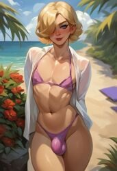 1boy 1femboy ai_generated arms_behind_back bikini bikini_bottom bikini_top blonde_hair blue_eyes blush bulge curvy curvy_figure cute_male depth_of_field detailed_background femboy femboy_only feminine_male flowers girly hair_over_one_eye light-skinned_male light_skin lips lipstick looking_at_viewer male male_only mostly_nude navel open_shirt otoko_no_ko outdoors outside panty_bulge phoenixeugene pose posing revealing_clothes self_upload short_hair solo solo_focus solo_male stable_diffusion standing thick_thighs thighs trap white_shirt