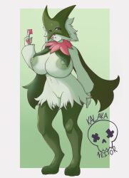 1girls 2d anthro areolae blowing_kiss breasts condom female female_focus furry game_freak green_fur kalakneitor meowscarada naked nintendo nude pink_eyes pokémon_(species) pokemon pokemon_sv