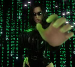 1girls 3d 3d_(artwork) alternate_breast_size belt black_hair breasts clothed clothed_female dark_hair eyewear female female_only female_solo fourth_wall glasses hair huge_breasts kate_beckinsale leotard looking_at_viewer matrix_background medium_hair outstretched_hand reaching_towards_viewer selene_(underworld) solo solo_female sunglasses the_matrix tinted_eyewear trinity_(the_matrix) trinity_(the_matrix)_(cosplay) underworld vaako vampire vampire_girl wide_hips