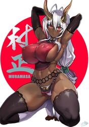 1girls absurdres ahoge armpits arms_up black_gloves black_legwear blush breasts covered_nipples dark-skinned_female dark_skin elbow_gloves eyebrows_visible_through_hair eyes_visible_through_hair female female_only gloves hair_between_eyes highres horns long_hair navel ookuma_(nitroplus) orange_eyes panties parted_lips sansei_muramasa sideboob solo soukou_akki_muramasa thighhighs tied_hair underwear white_footwear white_hair white_panties