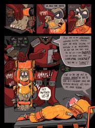 2024 anthro asphyxiation bdsm bondage bound breath_play chastity_cage chastity_device claws clothing collar comic crocodilian digital_media_(artwork) domino_mask encasement english_text eyemask eyewear gag gagged gas_mask generation_5_pokemon glistening group hi_res imprisoned impximon krokorok male mask mettle_winslowe nintendo onomatopoeia pokemon pokemon_(species) prison radasus_nailo reptile restraints scalie sound_effects speech_bubble struggling superhero supervillain text the_rubber_baron thought_bubble toe_claws visor