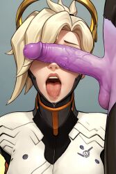 1girl1futa 2d ai_generated angela_ziegler blonde_hair cant_see_the_haters erection fakeshit futanari hair_accessory light-skinned_female mercy open_mouth overwatch overwatch_2 penis penis_covering_eyes penis_on_face penis_over_eyes purple_skin saliva saliva_on_penis tongue_out upper_body widowmaker