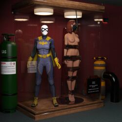 1girls 3d arms_at_sides asleep barbara_gordon barefoot batgirl batgirl_(gotham_knights) batman_(series) bondage bound bound_arms bound_legs bound_neck breasts captured captured_heroine chloroform clothes_removed completely_nude completely_nude_female dc dc_comics defeated defeated_heroine display display_case drugged encasement english_text eyes_closed feet forniphilia gas_mask gotham_knights helpless helpless_female human_furniture human_trophy immobile indoors legs_together living_statue living_trophy mannequin name_tag nipples nude nude_female oldmanjaay overhead_light permanent_bondage plaque pussy_obscured sign solo_female stasis_chamber stationary_restraints stripped stripped_naked suspension suspension_bondage trophy_case unconscious