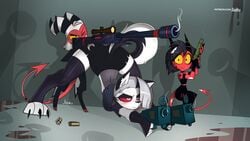 1boy 2girls aiming ass blood bullets demon demon_girl dual_wielding funny goth gun hellhound helluva_boss imp jack-o_pose jizoku loona_(helluva_boss) millie_(helluva_boss) moxxie_(helluva_boss) one_eye_closed sniper_rifle vivienne_medrano