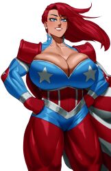 1girls big_breasts blue_eyes cleavage commission female female_only hands_on_hips long_hair muscular muscular_female muscular_thighs red_hair smiling solo sotcho superheroine very_high_resolution white_background