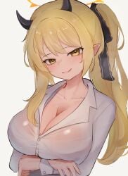 1girl absurdres aged_up alternate_breast_size_(larger) blonde_hair blue_archive breasts cleavage collarbone commentary_request crossed_arms demon_horns halo highres horns ibuki_(blue_archive) large_breasts long_hair looking_at_viewer pointy_ears ponytail revision shirt smile solo white_shirt yellow_eyes yellow_halo yukurita