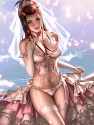 1girls 2d big_breasts bra breasts bridal_gauntlets bridal_lingerie bridal_veil bride brigitte cleavage female female_only large_breasts liang_xing looking_at_viewer overwatch panties pinup showgirl_skirt solo thighhighs wedding_dress wedding_lingerie