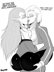 2girls alien_girl android_18 big_breasts big_butt bodyattk breasts_out carrying carrying_partner cocotte dragon_ball dragon_ball_super dragon_ball_z ear_piercing earrings female female_only interspecies kissing lesbian_kiss long_hair monochrome short_hair yuri