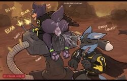 absurd_res animal_genitalia animal_pussy anthro anus armor ass bodily_fluids bullet canind canine_genitalia canine_pussy cape closed_eyes clothed clothing duo ejaculation feet female feral generation_2_pokemon generation_4_pokemon genital_fluids genitals gun hi_res houndour looking_pleasured lucario machine machine_guin male male/female nintendo outside pawpads pokemon pokemon_(species) power_armor pussy pussy_ejaculation pussy_juice_on_face ranged_weapon tongue tongue_out trmk2 vaginal_fluids war weapon