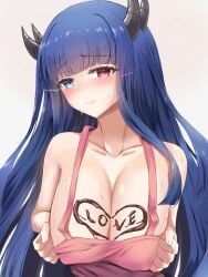 1girls apron azur_lane blue_eye blue_hair blush breasts chocolate chocolate_on_breasts cleavage embarrassed eyebrows_visible_through_hair habu_rin heterochromia horns huge_breasts ibuki_(azur_lane) light-skinned_female light_skin looking_at_viewer naked_apron nose_blush pink_apron red_eye sakura_empire_(azur_lane)