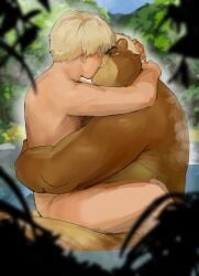 anthro bear blonde_hair blush brown_body brown_fur closed_eyes duo eyebrows fangs fur hair hi_res holding_partner hug human human_on_anthro interspecies intimate kissing lake larger_anthro larger_male male male/male mammal musclegut muscular muscular_anthro muscular_male nude romantic romantic_couple saikorodekimeru size_difference smaller_human smaller_male teeth water zoophilia