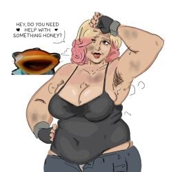 after_work armpit_hair armpits bbw big_breasts chubby chubby_female clothing constructor_penny crullet fat female female_armpit_hair fortnite fortnite:_battle_royale fortnite:_save_the_world hairy_armpits meme milf partially_clothed penny_(fortnite) sweat sweatdrop sweating sweaty_body