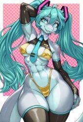 abs borrowed_design breasts gold_bikini hatsame_mako hatsune_miku huge_ass midriff necozuki shark shark_girl shark_humanoid shark_miku shark_tail shark_teeth thick_thighs thigh_boots vocaloid wide_hips