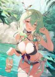 absurdres bent_over bikini black_bikini blurry blurry_background breasts brown_hair ceres_fauna cleavage collarbone cowboy_shot female flower flower_bikini green_hair hair_flower hair_ornament highres holding holding_shoes hololive hololive_english hololive_english_-council- hololive_english_-promise- horns jiang_ye_kiri jygfams lake large_breasts looking_at_viewer medium_hair nature navel outdoors sandals shoes solo swimsuit unworn_sandals virtual_youtuber wet yellow_eyes
