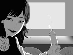 artist_request big_penis black_and_white chainsaw_man cum cum_blast cum_string cumshot denji_(chainsaw_man) fast_handjob fumiko_mifune_(chainsaw_man) hand_on_penis handjob jerkingoff_another looking_at_viewer male_pov motion_lines pov smiling_at_viewer stroking_penis tdchss