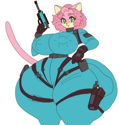 anthro blue_clothing daken000 ear feline gun hyper hyper_ass hyper_breasts hyper_hips nipple_bulge pink_fur pink_hair secret_agent sneaky sonic_(series) sonic_the_hedgehog_(series) stealth_suit tail