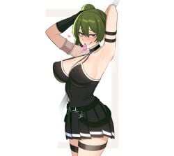 1girls arm_strap armpits arms_behind_head bare_shoulders big_breasts black_dress breasts choker come_hither condom condom_in_mouth condom_wrapper covered_erect_nipples dress female female_only green_hair hair_between_eyes horny large_breasts long_hair looking_at_viewer mouth_hold naughty_face pose posing purple_eyes rezodwel sensual sexy_armpits side_ponytail simple_background smile solo sousou_no_frieren teasing ubel_(sousou_no_frieren)