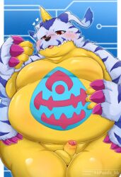 2024 96panda anthro balls bandai_namco belly big_belly blush digimon digimon_(species) erection gabumon genitals heart_symbol hi_res kemono male male_only moobs overweight overweight_male penis small_penis solo