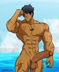 1boy 1male big_penis bulge bulge_through_clothing dark-skinned_male dark_skin dhd_art large_penis male_only ocean percy_jackson percy_jackson_and_the_olympians scars solo_male swimwear tagme uncut