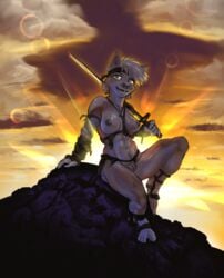 abs accessory anthro athletic bandage biceps bodily_fluids breasts canid canine canis clothed clothing female headband hi_res jewelry leather leggings legwear mammal marsonaut melee_weapon muscular muscular_female necklace nude pubes skimpy smile sunset sweat sword thong tuft underwear warrior weapon wolf