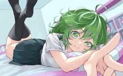 bed black_socks clothed clothing cute furin0241 green_eyes green_hair knee_socks kneehighs kneesocks laid legs_up my_hero_academia not_porn school_uniform smile socks tooru_hagakure tooru_hagakure_(visible)