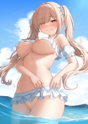 amber_eyes areolae blue_sky blush breasts brown_eyes brown_hair cloud commentary_request day female frilled_bikini frills highres imouto-chan_(monaka_curl) large_breasts long_hair looking_at_viewer monaka_curl nipples ocean open_mouth original pussy sky smile solo swimsuit twintails