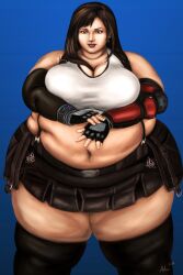 1girls alternate_body_type bbw brown_eyes brown_hair elbow_gloves fat fat_legs female female_only final_fantasy_vii final_fantasy_vii_remake fingerless_gloves huge_belly huge_breasts lips long_hair looking_at_viewer morbidly_obese obese_female ray_norr solo standing suspenders thick_thighs thighhighs tifa_lockhart vambraces