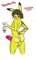 anthro backsack big_penis brown_hair fanart femboy furry furry_male huge_cock long_hair looking_at_viewer pikachu pokémon_(species) pokemon sawchain solo_male tattoo tattoo_on_butt twink yellow_fur