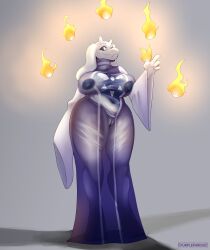 1girls 2d anthro areola big_breasts blue_eyes female female_only fire flame furry furry_only huge_breasts humanoid nipples purplepardus pussy see-through see-through_clothing see-through_dress solo solo_female thick_thighs thighs thighs_bigger_than_head toriel undertale undertale_(series)