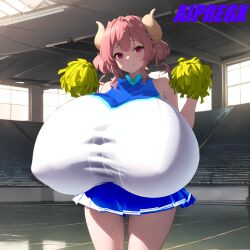 ai_generated cheerleader dragon_girl dragon_horns gigantic_breasts huge_breasts ilulu ilulu_(dragon_maid) ilulu_(maidragon) kobayashi-san_chi_no_maidragon pink_hair pompoms red_eyes short_hair skirt slit_pupils