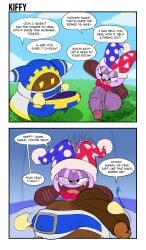 ball_with_hyper_features balls bulge bulge_through_clothing hyper_balls hyper_penis kiffy_(artist) kirby_(series) magolor marx marx_(kirby) penis precum precum_through_clothing sweat