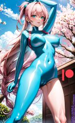 ai_generated bodysuit breasts female kuriboh_ex_(artist) latex latex_suit oppai pink_hair rubber rubber_suit turquoise_eyes