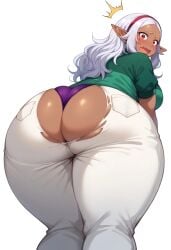 ai_generated ass ass_bigger_than_head ass_focus back_view backboob bare_legs bbw bent_forward big_ass big_breasts big_butt blush booty clothed clothed_female clothing dark-skinned_female dark_skin dat_ass elf elf-san_wa_yaserarenai elf_ears elf_female embarrassed exposed_ass exposed_panties eyebrows fat_ass female furrowed_eyebrows gigantic_ass green_clothing green_topwear hairband horizontal_ears huge_breasts huge_thighs jean_shorts kneepits kuroeda large_breasts legwear long_hair looking_back low-angle_view massive_ass mole_(marking) mole_under_eye mouth_open open_mouth panties panties_exposed plain_background pointy_ears purple_hair purple_panties red_eyes ripped_clothing ripped_legwear ripped_pants short_sleeves solo solo_female squatting startled surprised surprised_expression sweat sweatdrop t-shirt t2d@ai teal_clothing thick thick_thighs thighs thighs_bigger_than_head topwear torn_clothes torn_legwear torn_pants violet_panties voluptuous voluptuous_female wardrobe_malfunction wavy_mouth white_background white_eyebrows white_hair white_jeans white_legwear white_pants