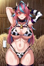 1girls ai_generated big_breasts breasts cow_bikini cow_girl emikukis latam_virtual_youtuber milk multicolored_hair thighs virtual_youtuber vtuber