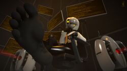 1girls barefoot clothed clothed_female feet foot_fetish foot_focus glados portal_(series) pov robot robot_girl robot_humanoid scorch_dreamer sentry_turret soles source_filmmaker tease teasing_viewer toes turret_(portal) undershot white_hair yellow_eyes