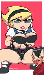 big_breasts blonde_hair bow bow_panties earrings large_breasts mandy_(billy_and_mandy) panties phone school_uniform skirt squatting taking_picture the_grim_adventures_of_billy_and_mandy underwear viewtifulgogo wet_pussy