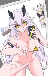 azur_lane breasts completely_nude jaggermydagger navel observer_alpha_(azur_lane) one_finger_selfie_challenge selfie siren_(azur_lane) siren_purifier_(azur_lane) tester_beta_(azur_lane) white_hair yellow_eyes