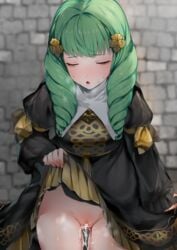 bangs bar_censor black_dress blood blush censored closed_eyes cowboy_shot cum cum_in_pussy cumdrip dress dress_lift drill_hair echigoya_takeru female fire_emblem fire_emblem:_three_houses flayn_(fire_emblem) garreg_mach_monastery_uniform green_hair hair_ornament highres lifted_by_self long_hair long_sleeves nabatean_(fire_emblem) open_mouth pussy solo vaginal_blood virgin virginal_blood