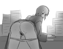 1girls against_desk arm_support artist_name bare_ass bare_legs bare_thighs bent_over big_ass black_hair blush bodily_fluids boruto:_naruto_next_generations clothing clothing_lift desk embarrassed exposed_ass female female_only from_behind genital_fluids highres hokage_office indoors inviting inviting_to_sex kadonn kimono kimono_lift long_hair looking_at_viewer looking_back monochrome naruto naruto:_the_last naruto_(classic) naruto_(series) naruto_shippuden office panties panties_down paperwork presenting presenting_ass pubic_hair round_ass shizune solo standing sweat underwear underwear_down watermark wet wet_pussy