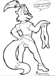 anthro ass balls bottomless canid canine clothed clothing costume disney english_text fantasy feathers fox furry furry_only glenn hi_res legwear line_art male male_only male_tights mammal medieval monochrome partially_clothed red_fox robin_hood_(character) robin_hood_(disney) solo testicles text tights unknown_artist unreadable_signature