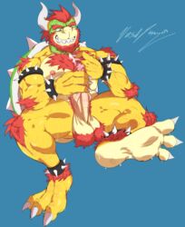 3_toes 4_fingers beard big_pecs big_penis blue_background bodily_fluids bowser claws cum facial_hair feet fingers fur genital_fluids hi_res horn humanoid_hands insaneeighteen koopa male male_only mario_(series) muscular nintendo pecs penis red_body red_eyes red_fur reptile scalie shell simple_background smile solo sweat toe_claws toes video_games